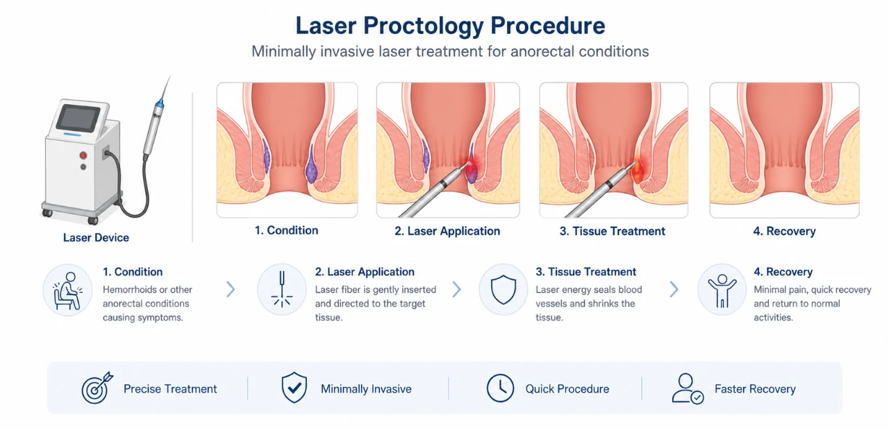 laser proctology procedure using laser device