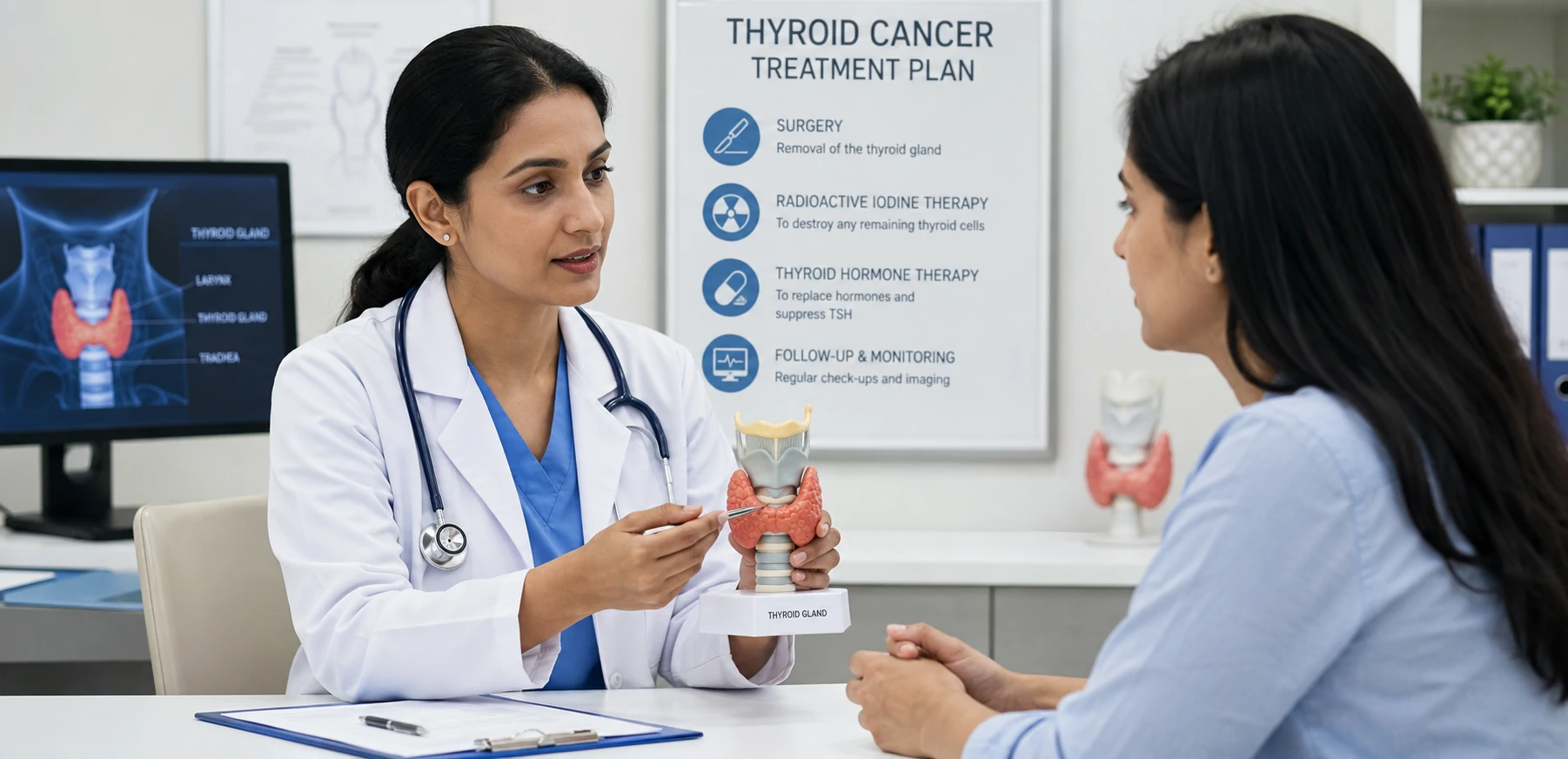 Thyroid Cancer Surgery: Treatment, Recovery & Life After Surgery 1 doctor explaining thyroid cancer surgery treatment options