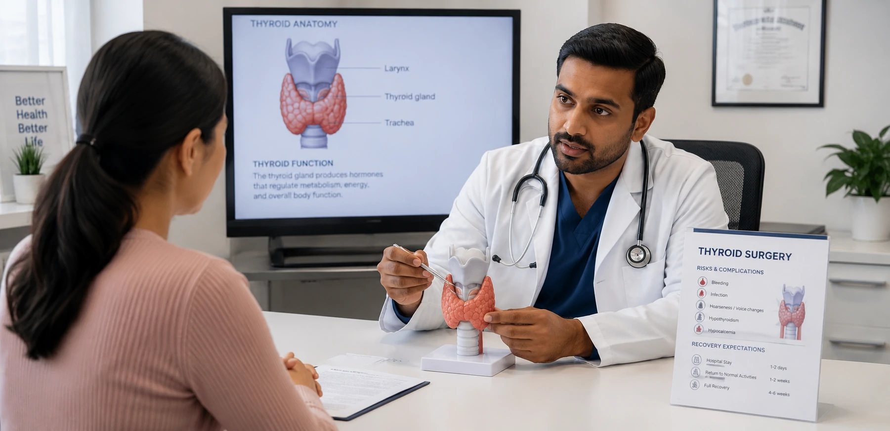 Thyroid Surgery Risks, Complications & Side Effects: What Patients Should Know 1 doctor explaining thyroid surgery risks and complications