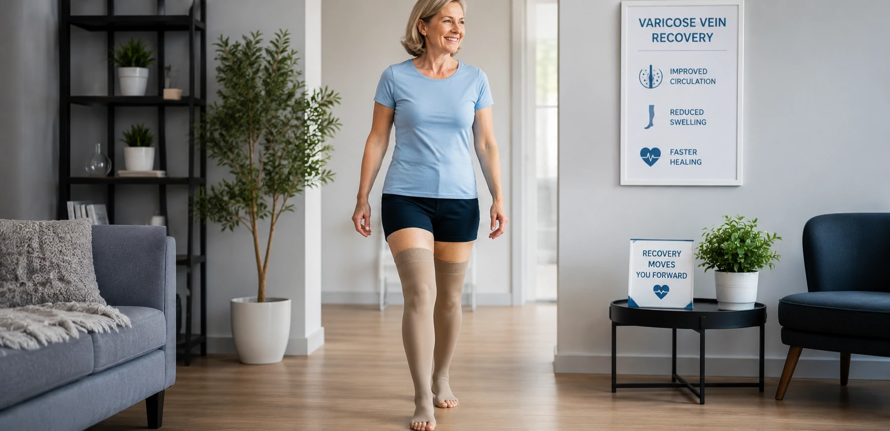Varicose Vein Surgery Recovery: Complete Recovery Timeline in Pakistan 1 walking after varicose vein surgery recovery with compression stockings